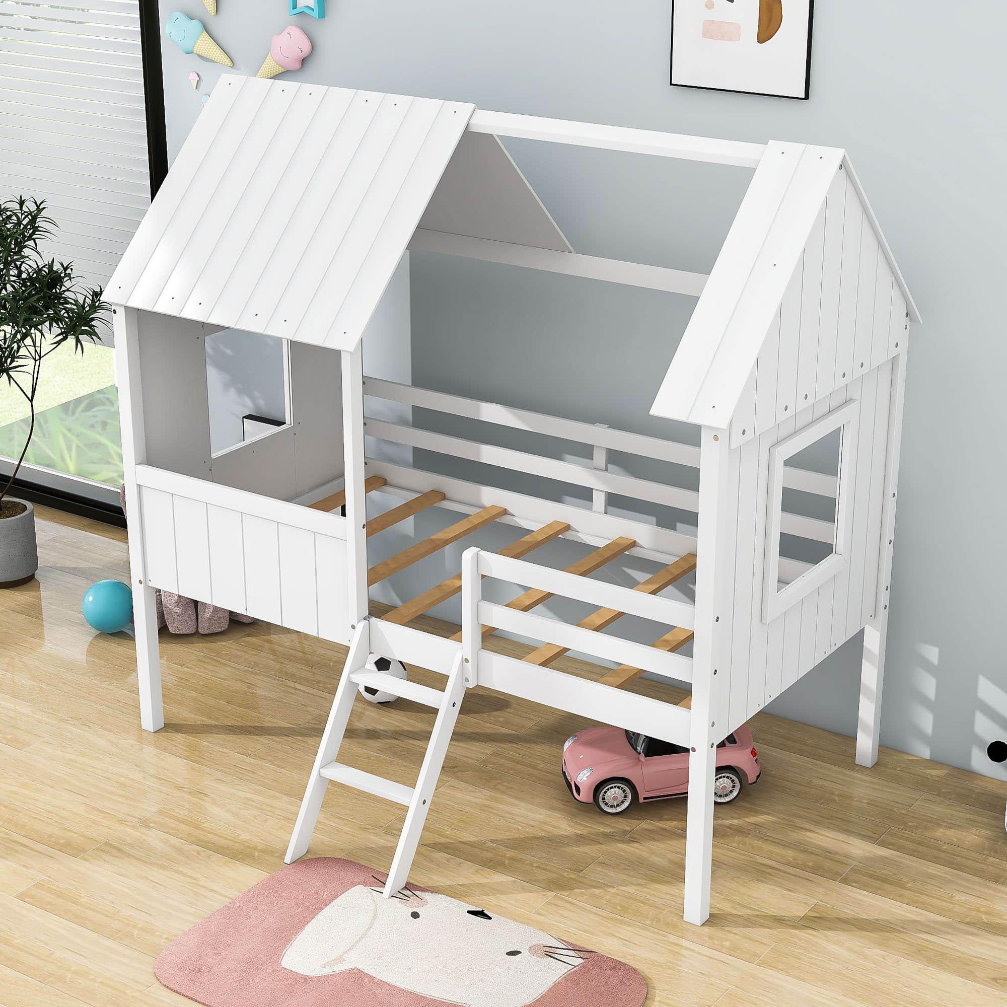 Low Twin Loft House Bed for Kids, Toddler - [Wood, Fun]