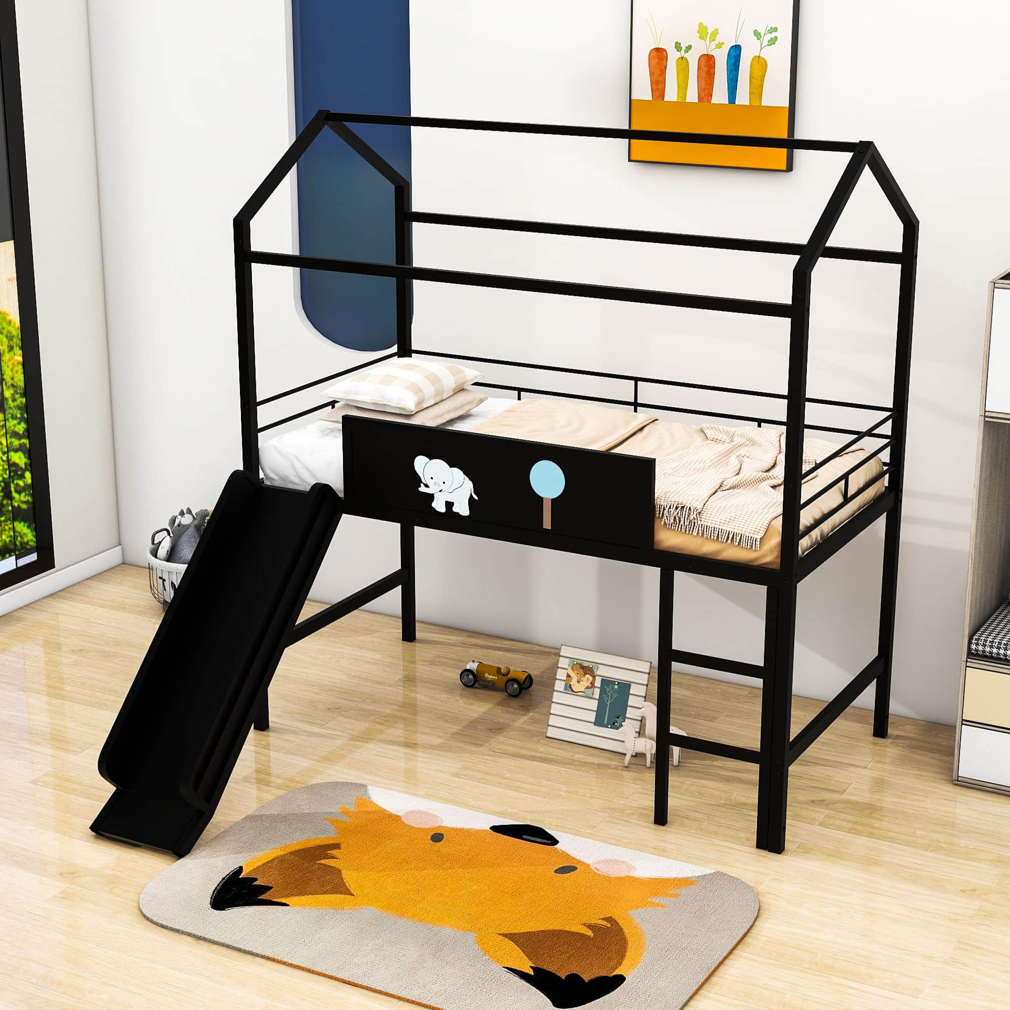 Low Metal Twin Playhouse Loft Bed with Slide, Chalkboard for Kids, Junior