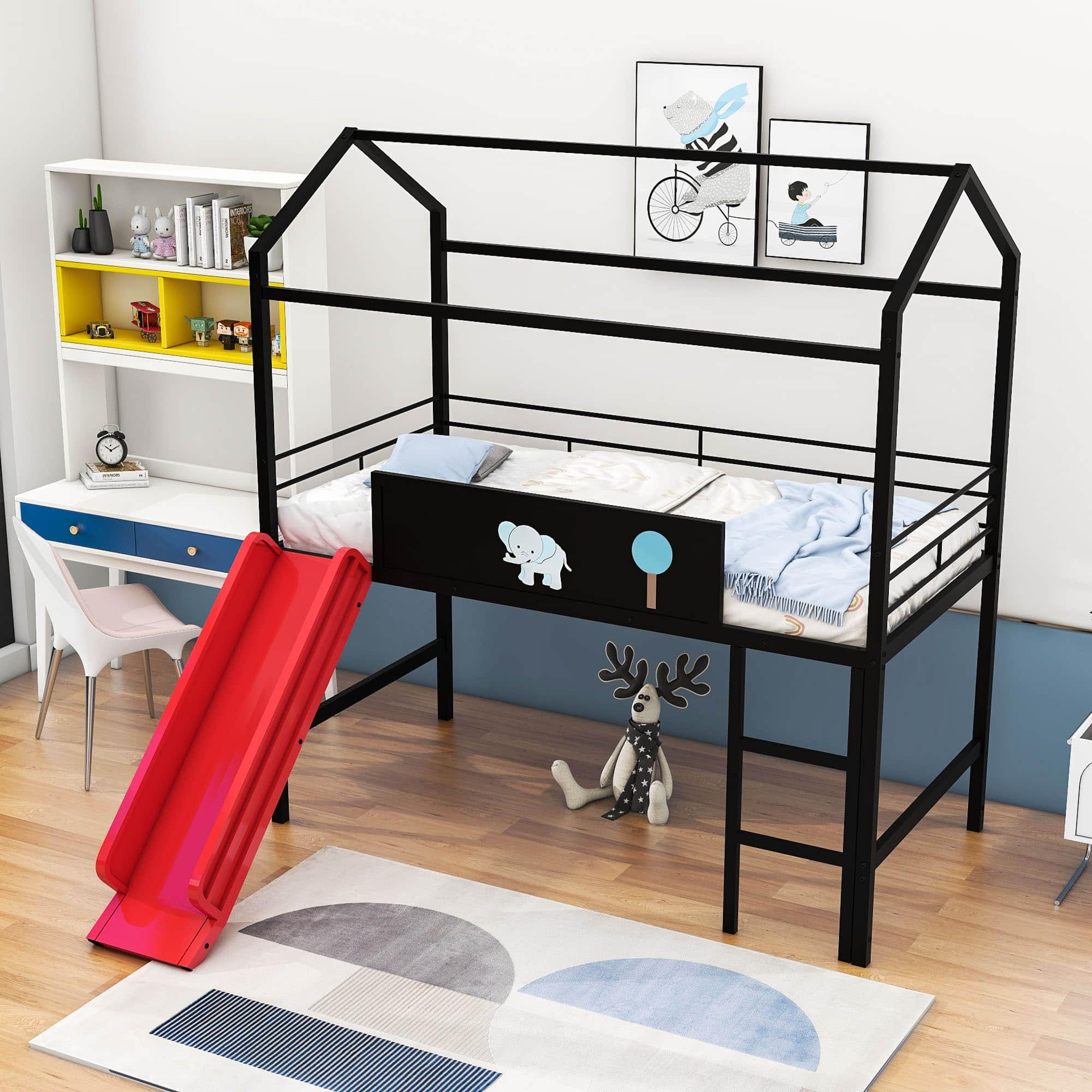 Low Metal Twin Playhouse Loft Bed with Slide, Chalkboard for Kids, Junior