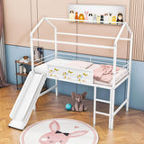 Low Metal Twin Playhouse Loft Bed with Slide, Chalkboard for Kids, Junior