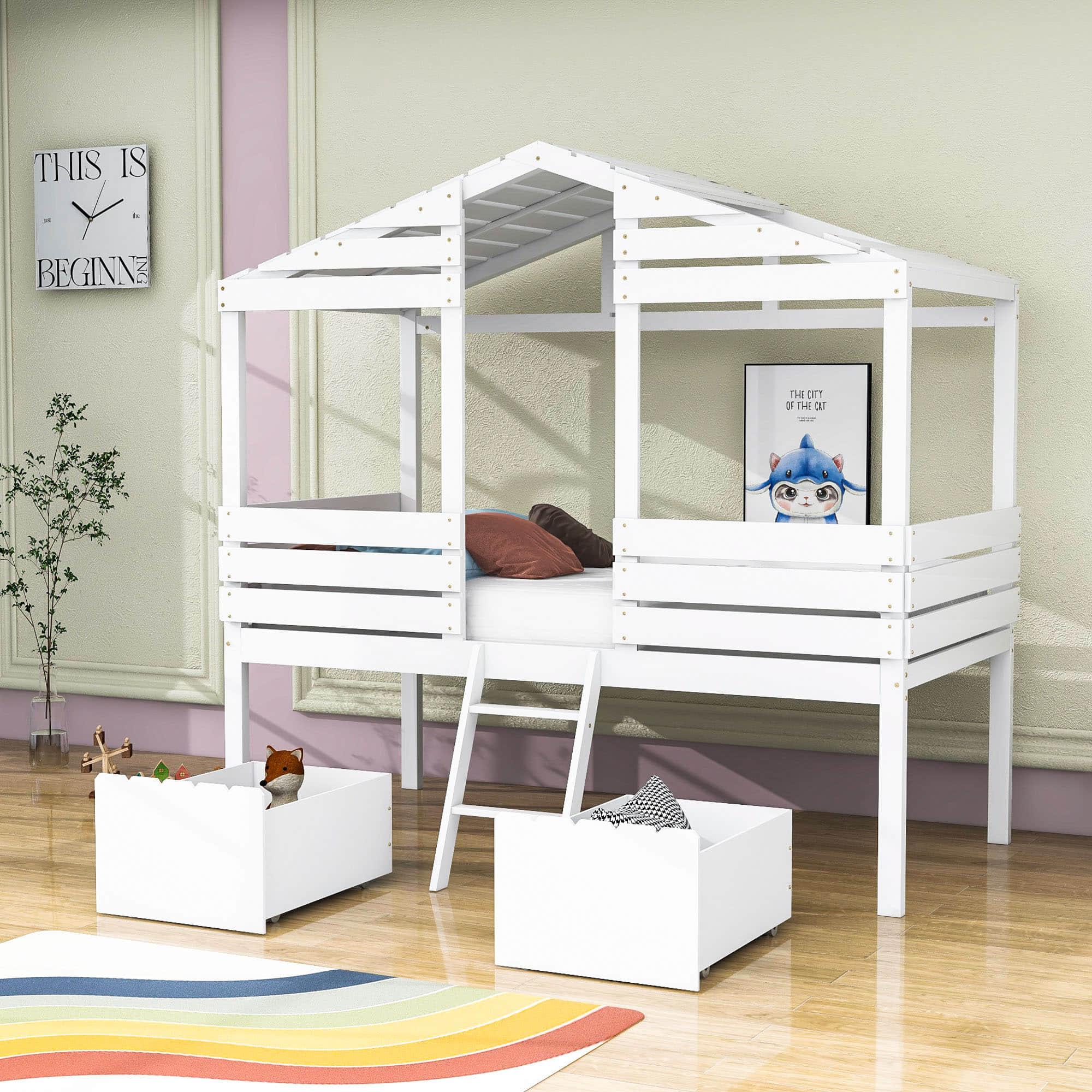 Twin Low Loft FarmHouse Bed with Storage Drawers for Kids - [Wood]