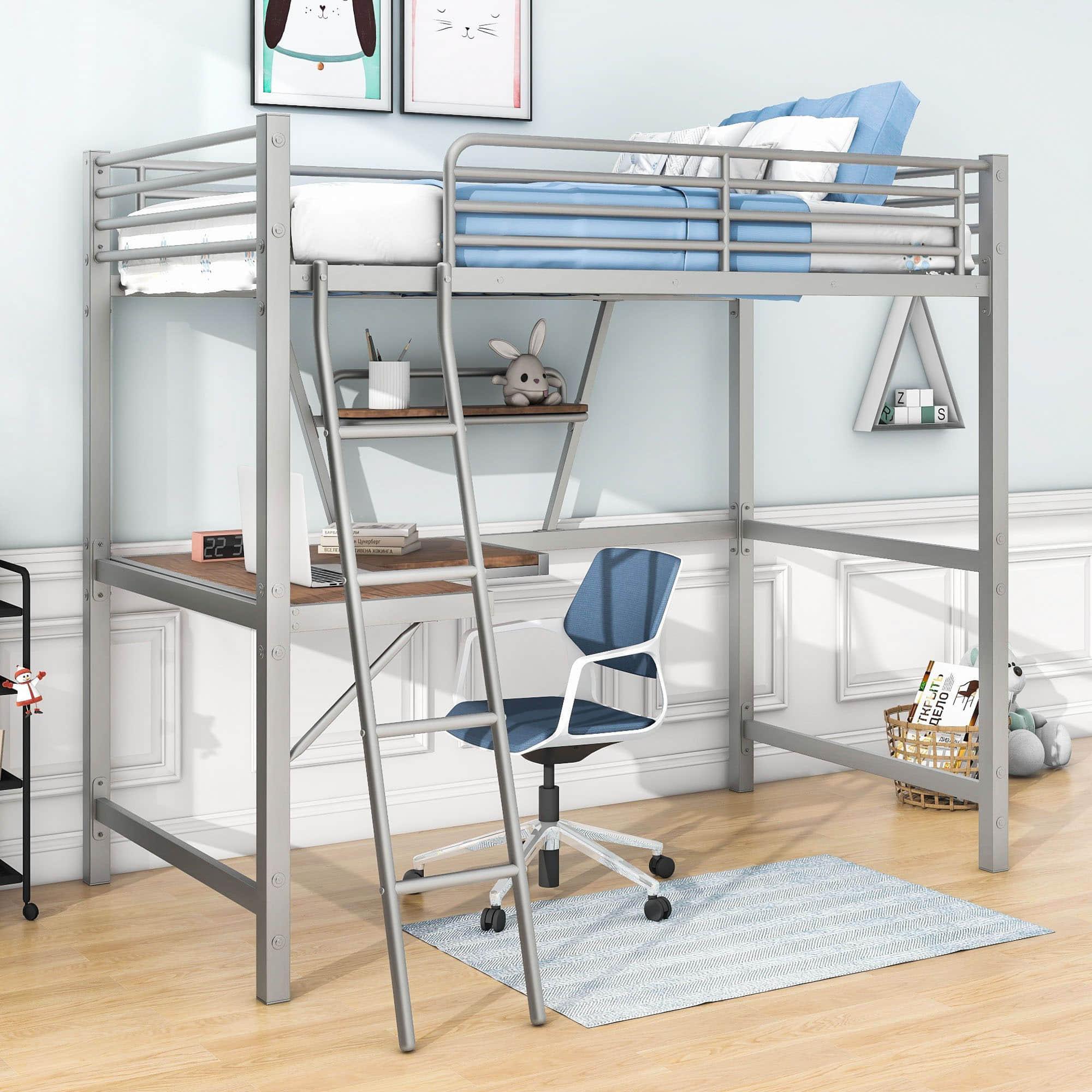 Metal Twin Loft Bed with Desk and Storage Shelf for Gamer, Adults