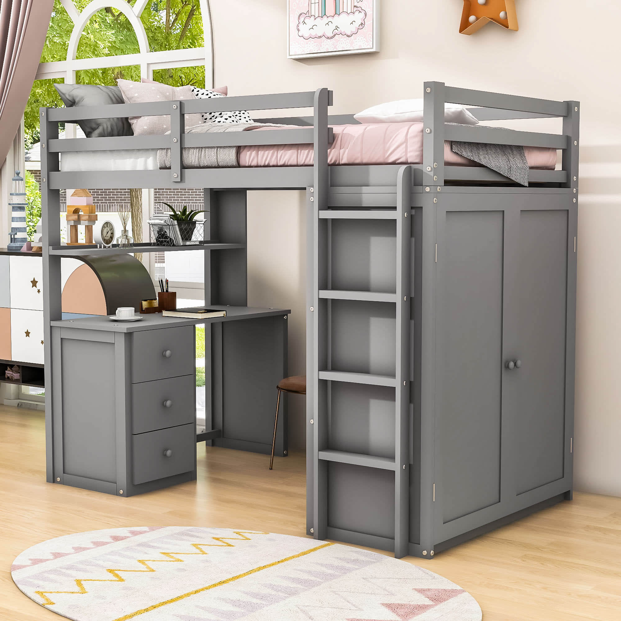 Wood Twin Loft Bed with Desk and Storage for Kids, Adults - [Wardrobe]