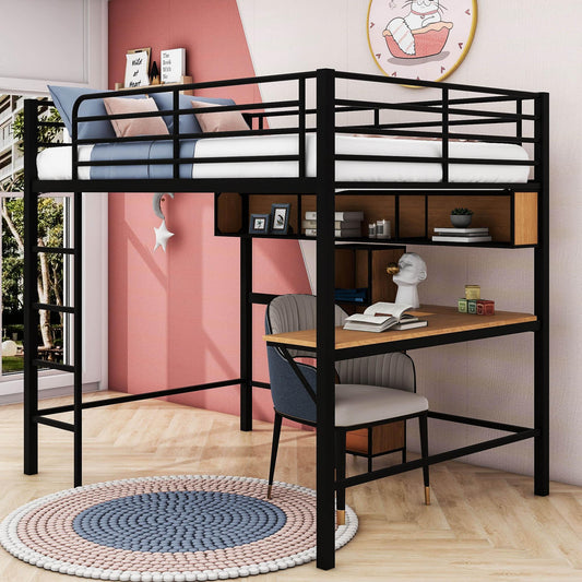 Metal Full Size Black Loft Bed with Desk and Storage for Adults, Teens