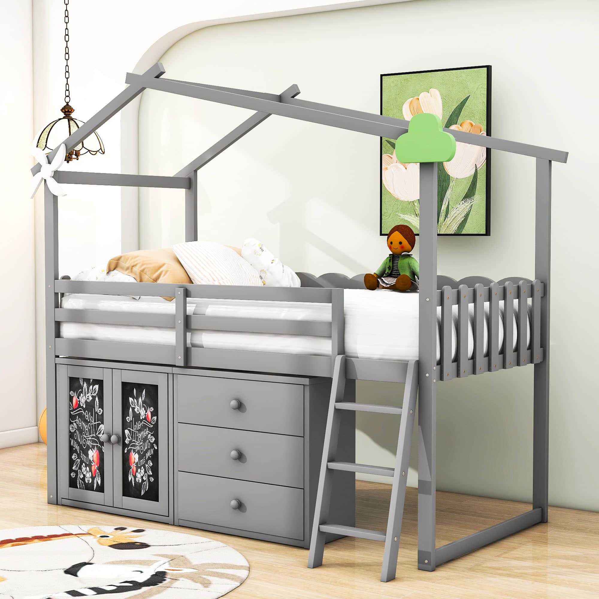 Twin Size Low House Loft Bed with Storage for Kids - [Cabinet, Drawers]