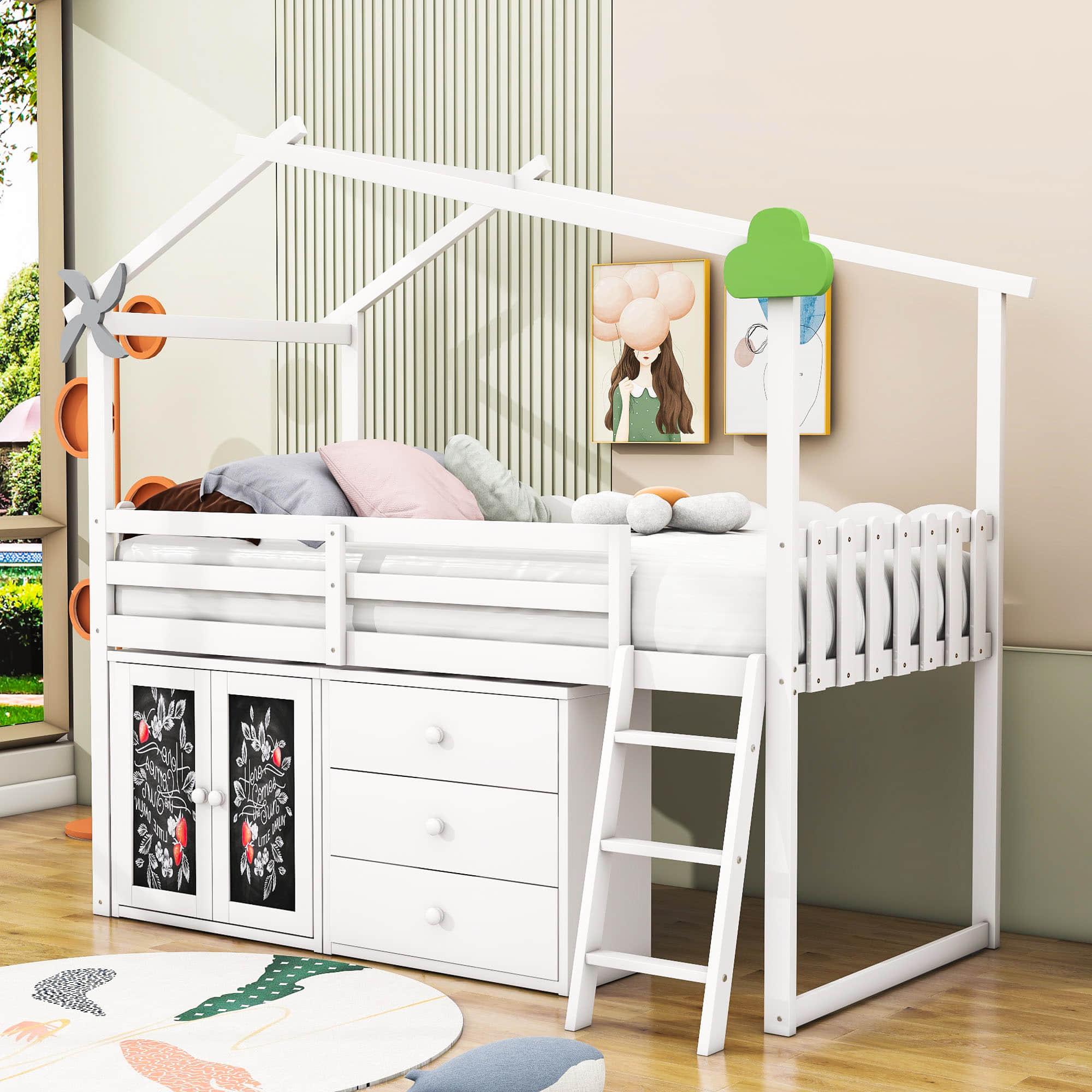 Twin Size Low House Loft Bed with Storage for Kids - [Cabinet, Drawers]