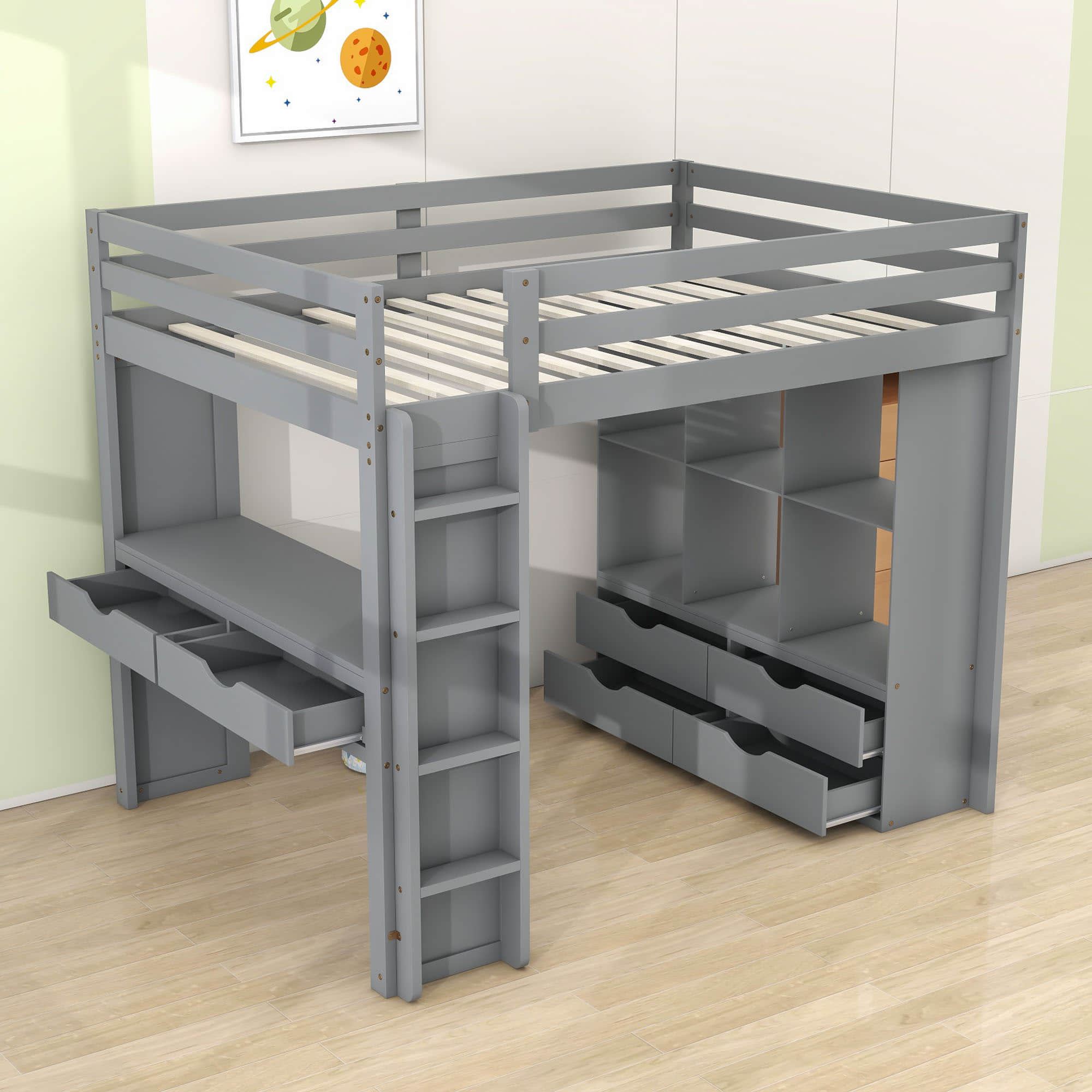 Modern Full Size Loft Bed with Desk and Storage for Adults, Teens