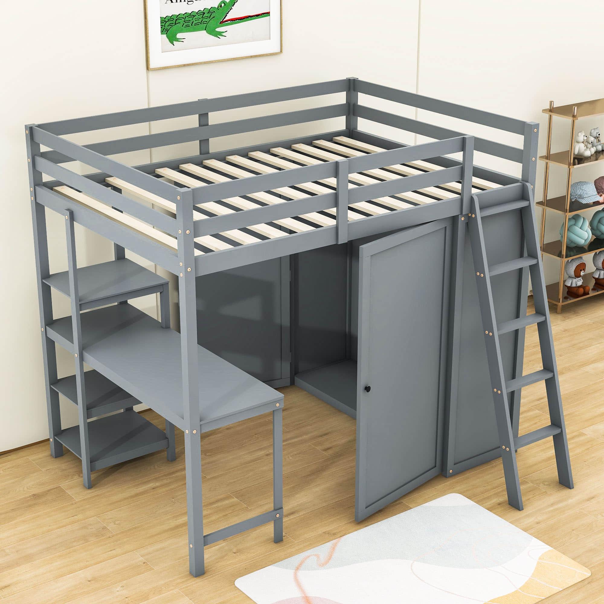 Full Size Loft Bed with Desk and Storage for Adults, Kids - [Wardrobe]