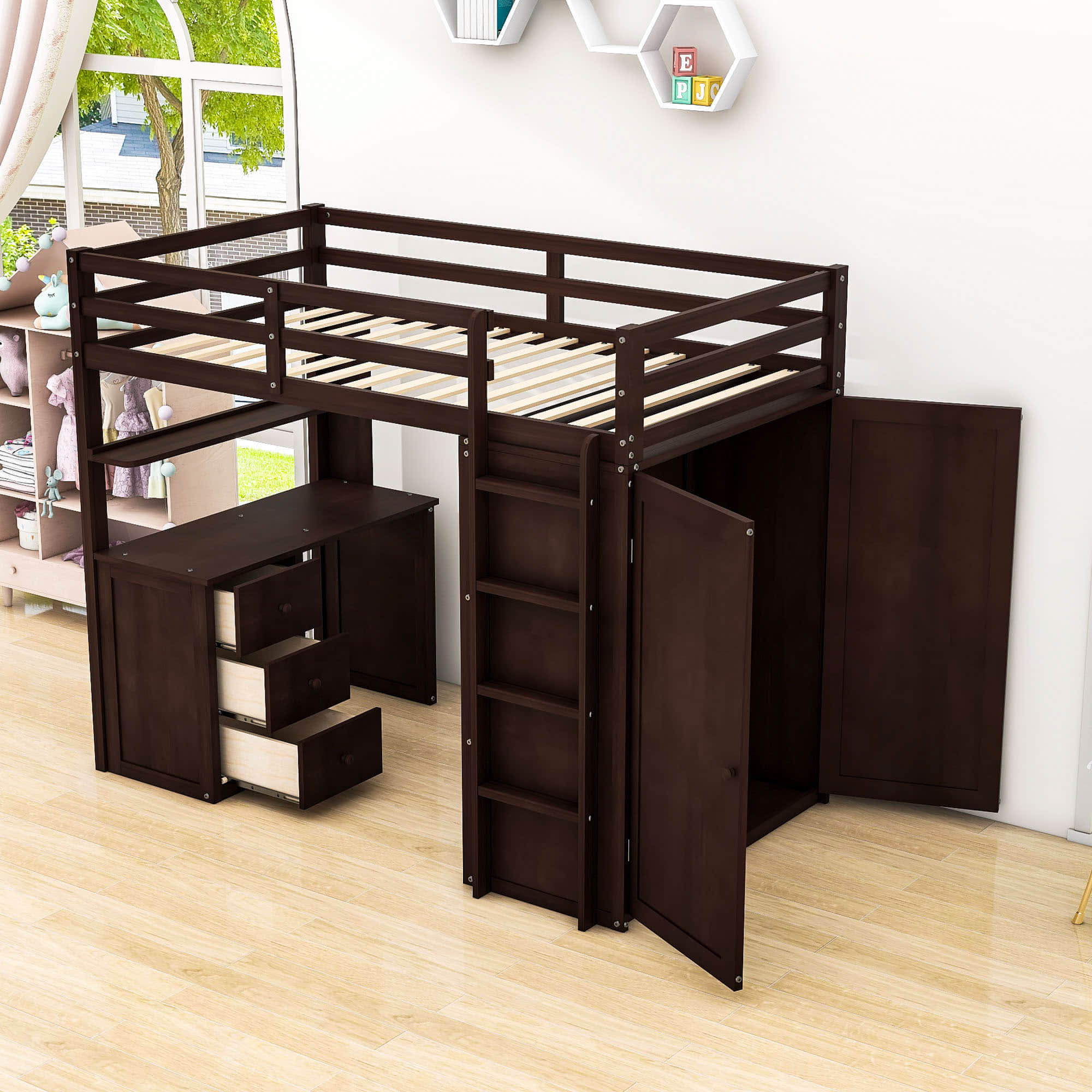 Wood Twin Loft Bed with Desk and Storage for Kids, Adults - [Wardrobe]