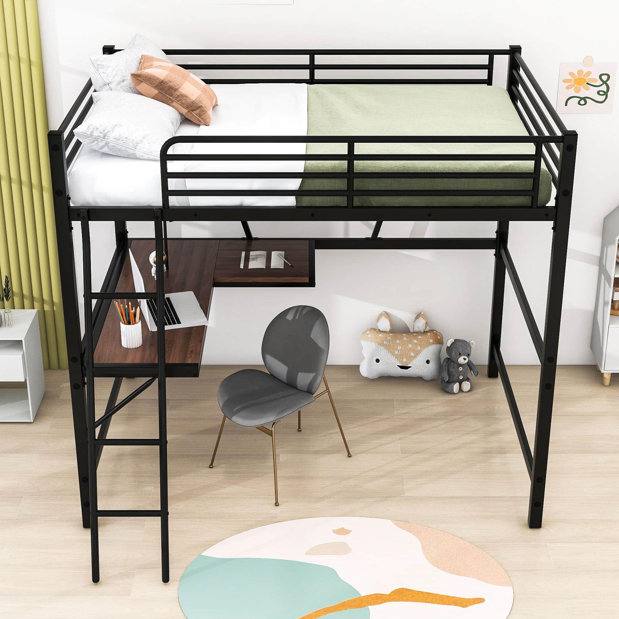 Metal Full Size Loft Bed with Desk and Storage Shelf for Adult, Jr - [Wood]