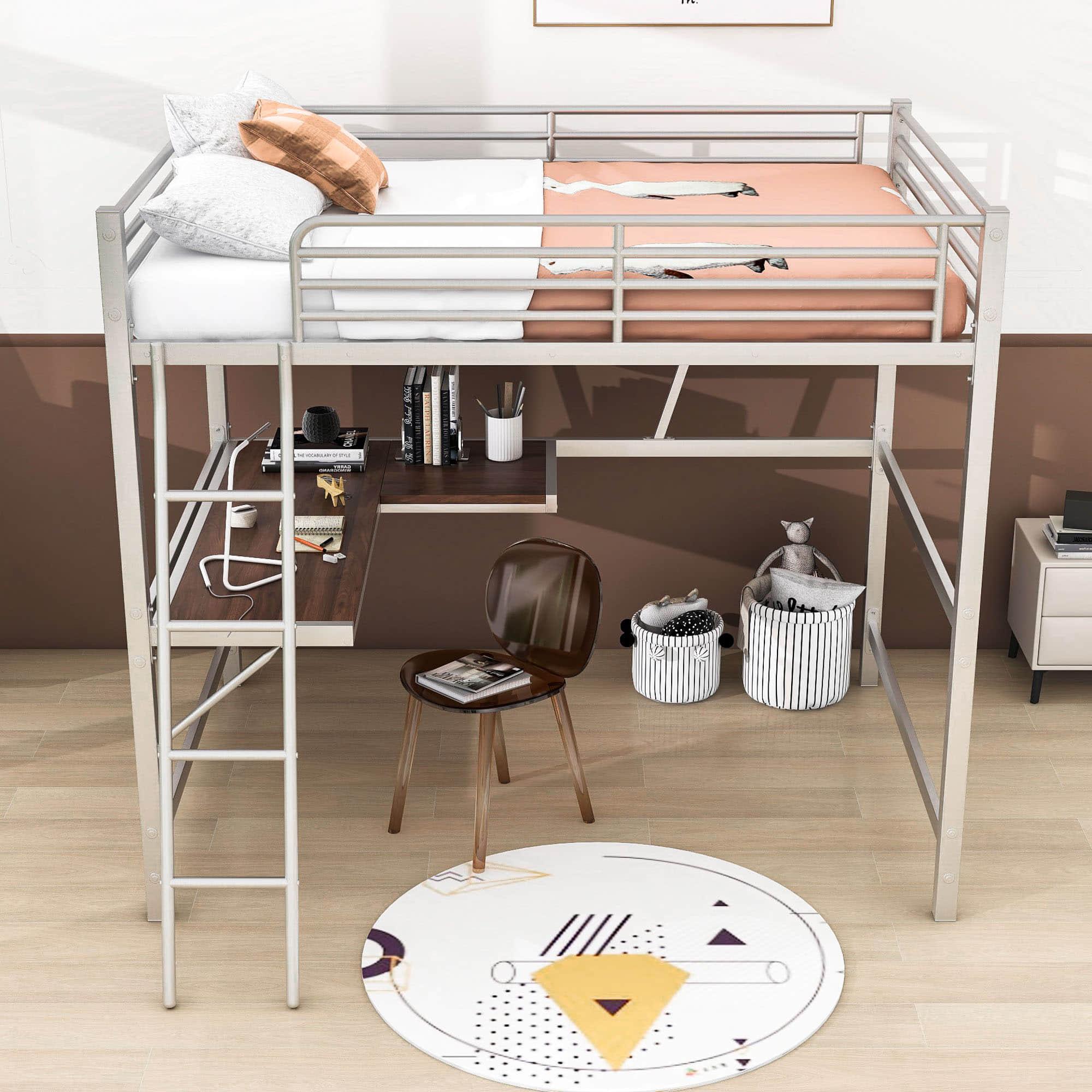 Metal Full Size Loft Bed with Desk and Storage Shelf for Adult, Jr - [Wood]