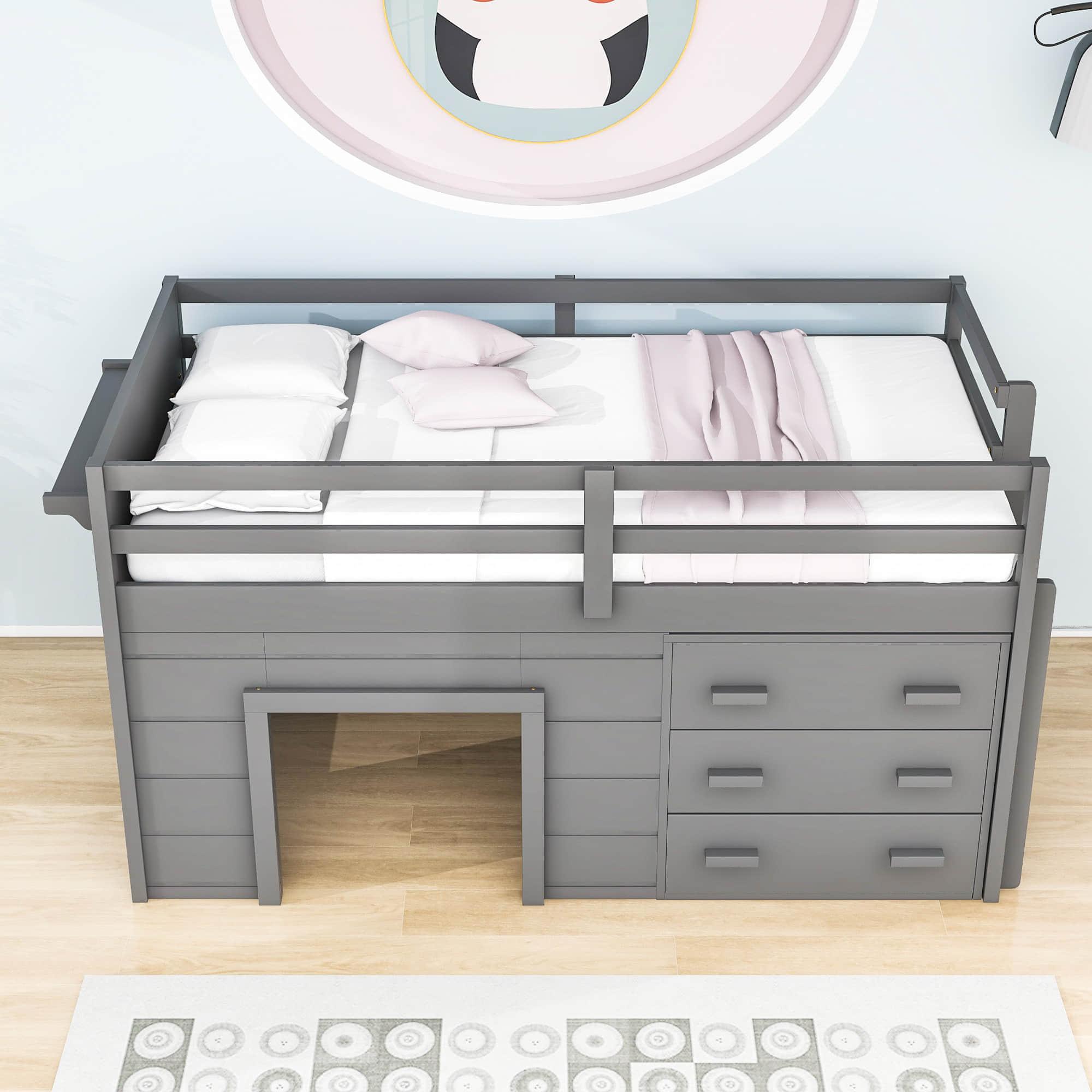 Low Twin Loft Bed with Detachable Storage Dresser for Kids - [Wood, Playhouse, Drawers]