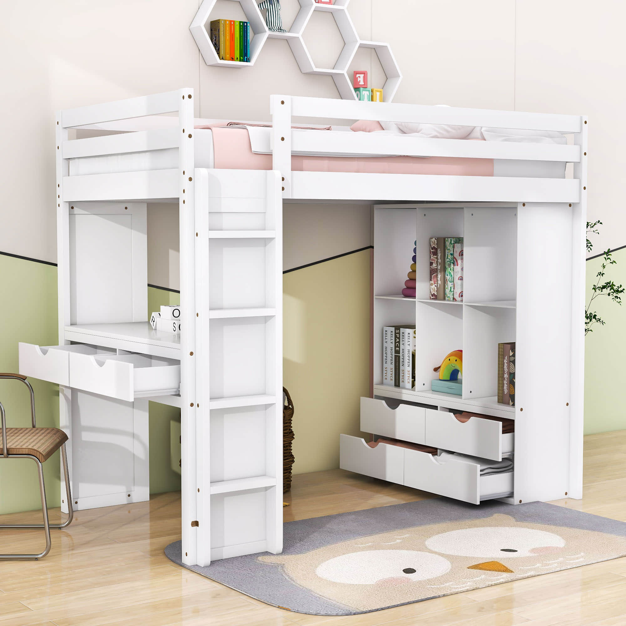 Modern Twin Loft Bed with Desk and Storage, LED Light for Adults, Teens