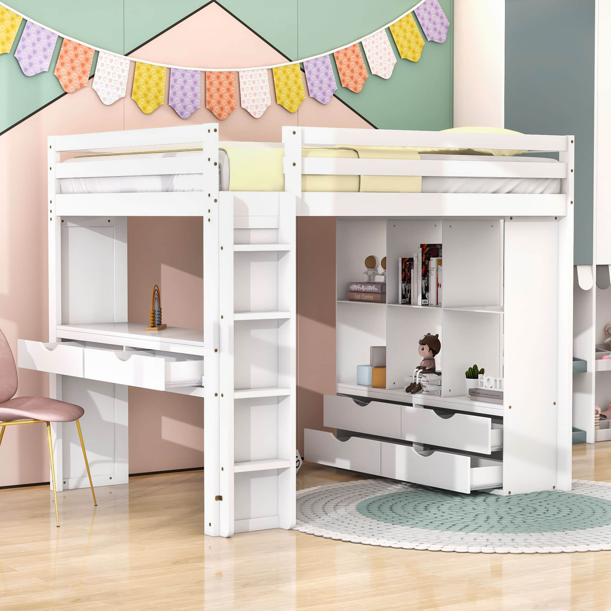 Modern Full Size Loft Bed with Desk and Storage for Adults, Teens