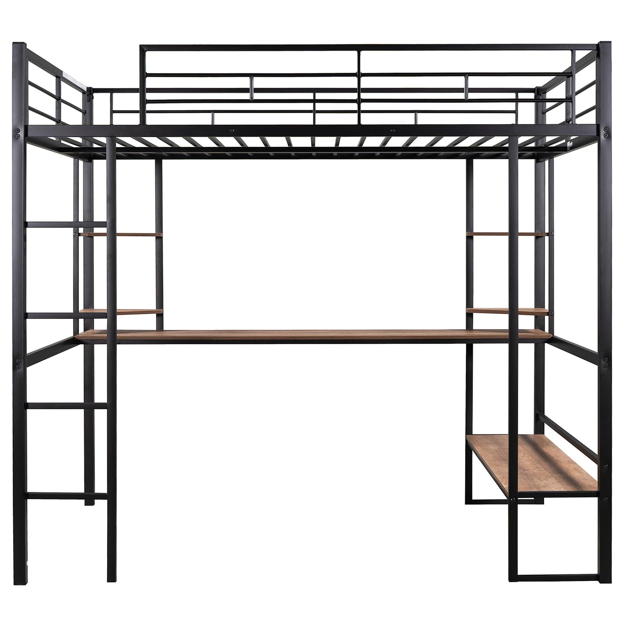 Modern Metal Full Size Loft Bed with Desk and Storage Shelves for Junior - [Black]