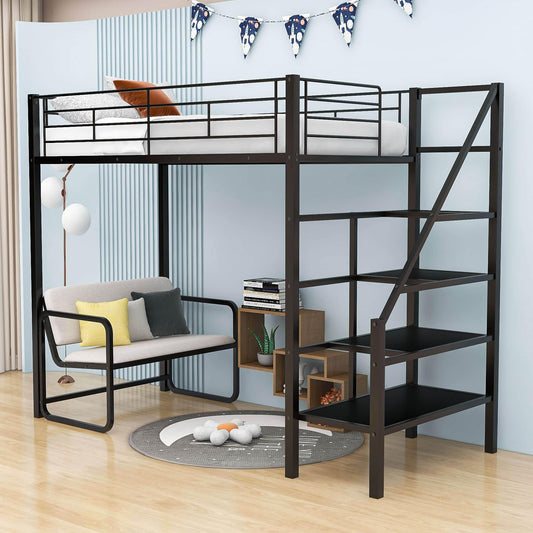 Metal Twin Loft Bed with Stairs and Couch, Storage Shelves for Kids, Adult