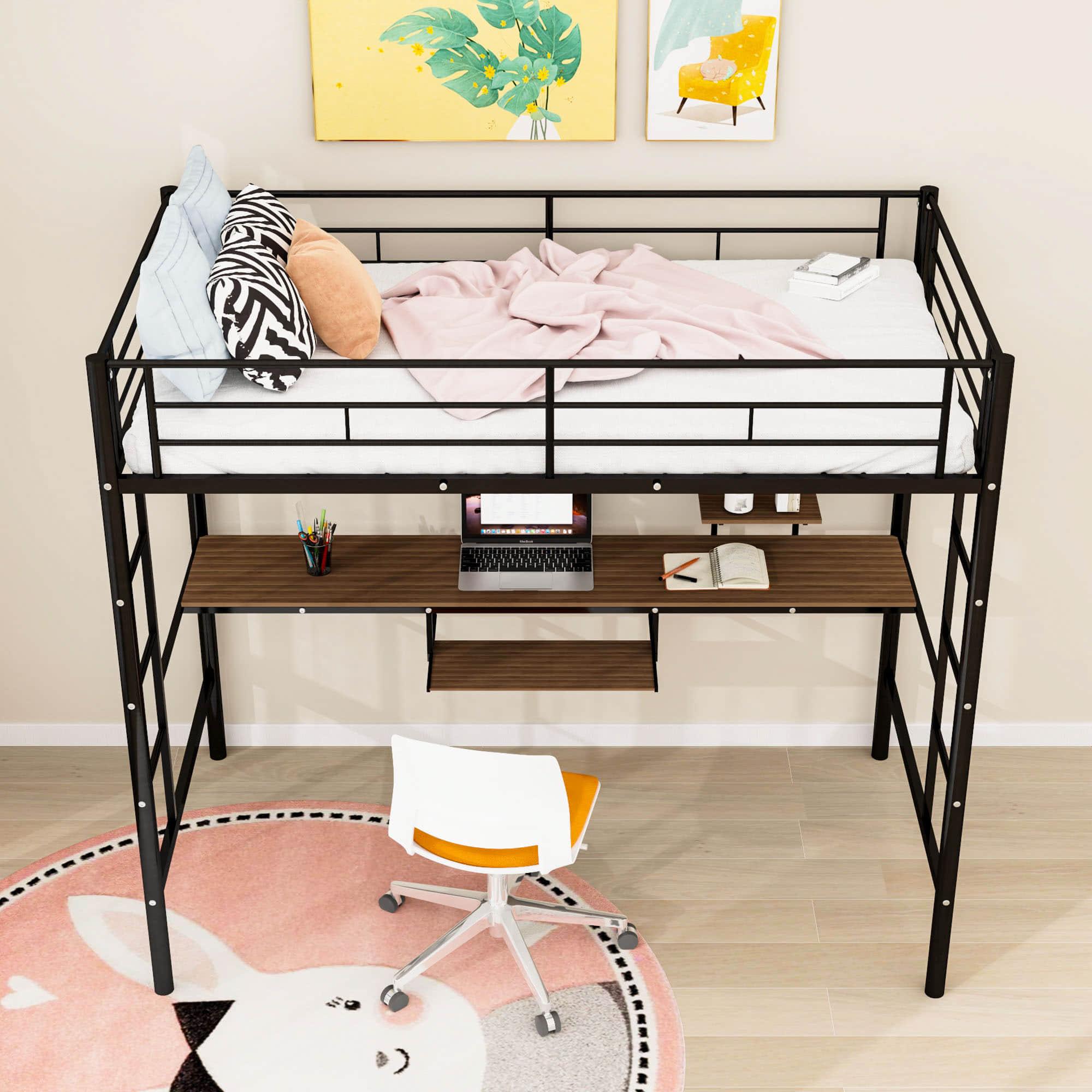 Metal Twin Gaming Loft Bed Frame with Desk and Shelves - [2 Ladders]