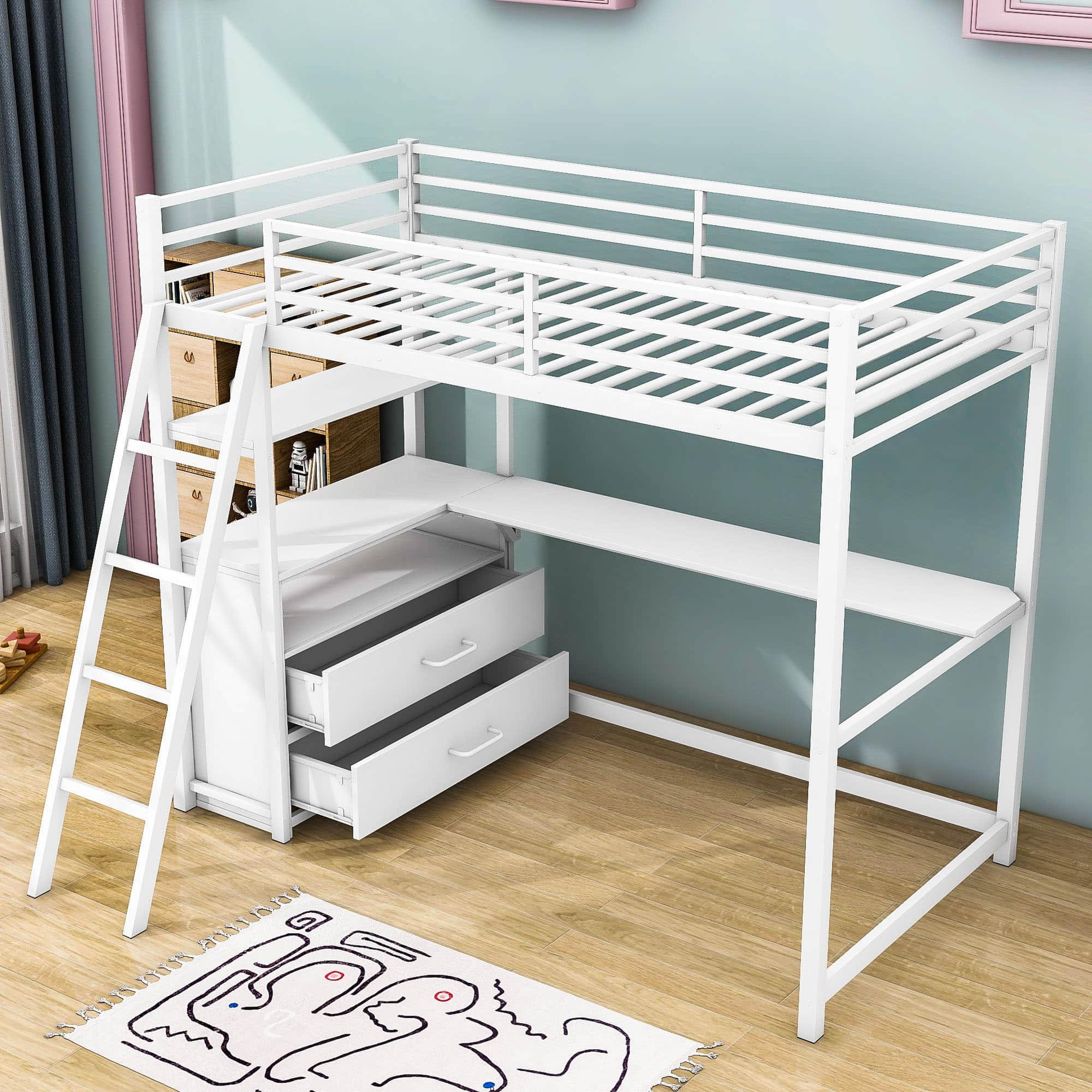 Metal Twin Size Loft Bed with Desk and Storage for College, Dorms