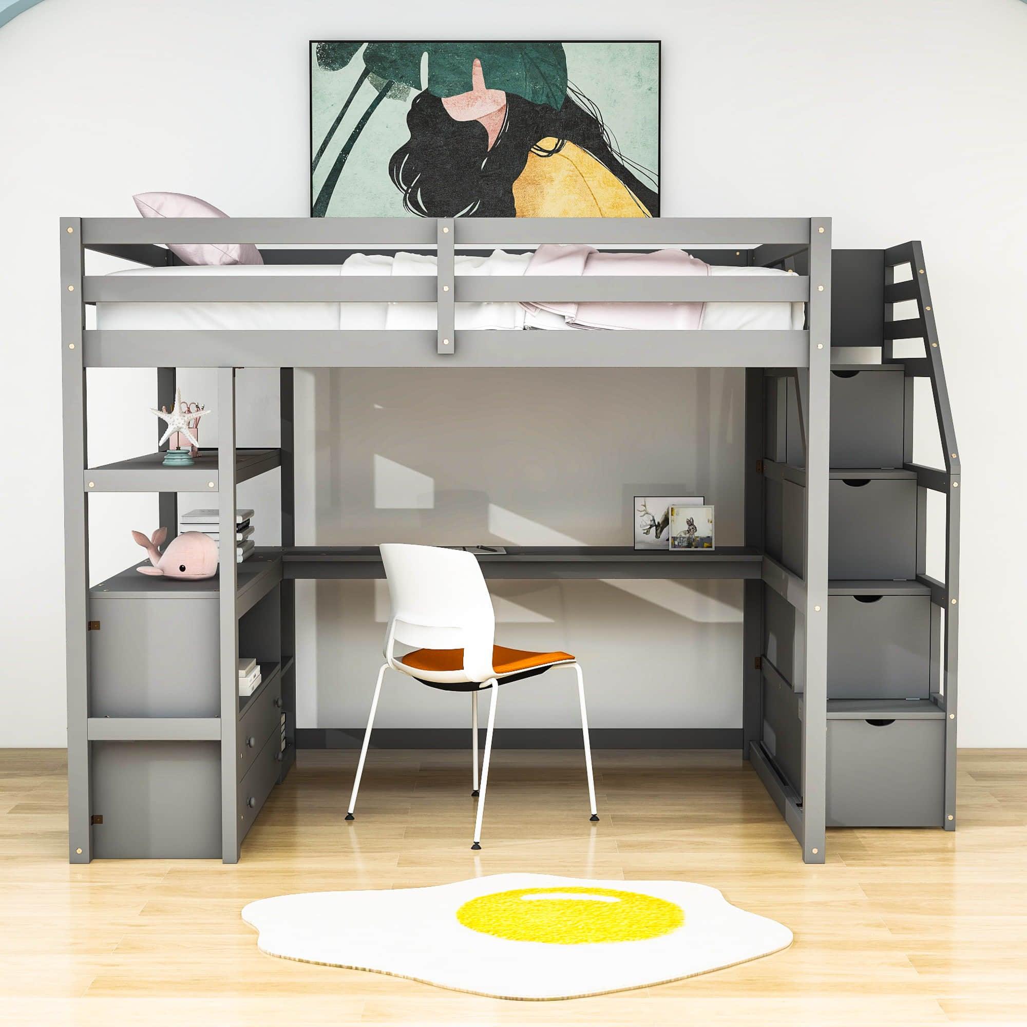 Full Loft Bed with Desk and Stairs, Storage for Kids, Adults - [Wooden]