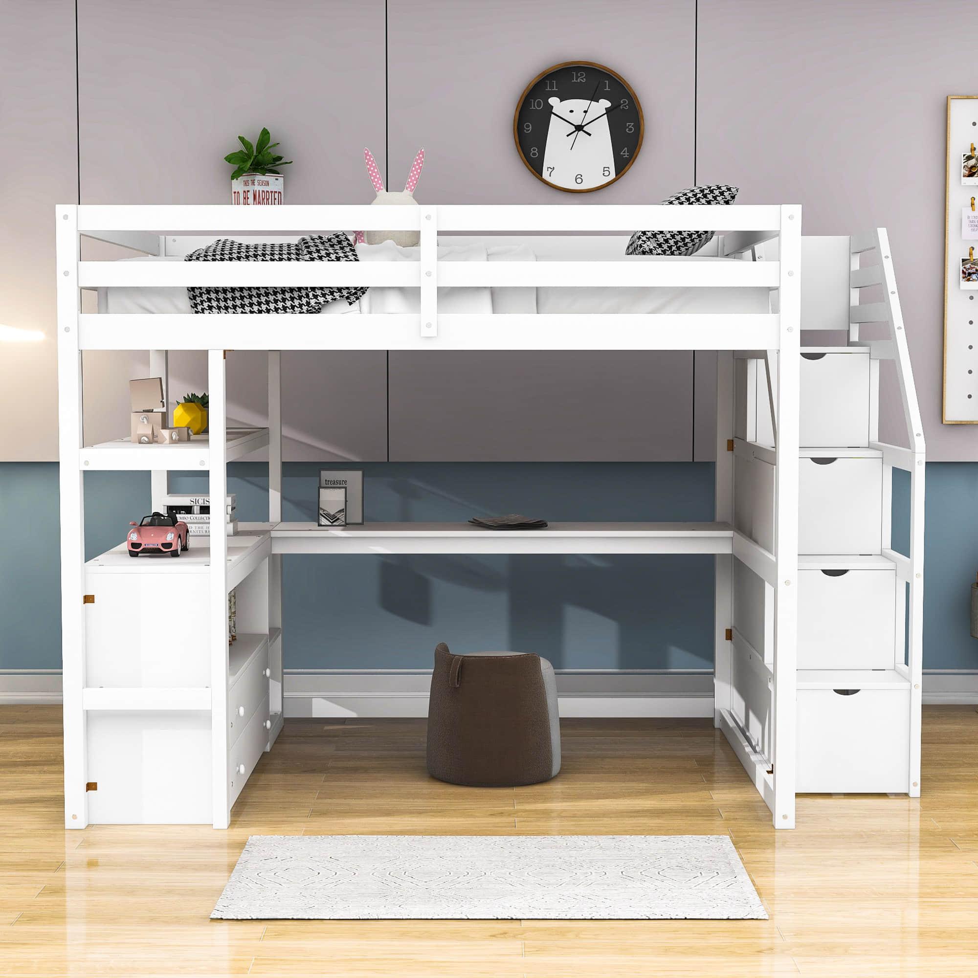 Full Loft Bed with Desk and Stairs, Storage for Kids, Adults - [Wooden]