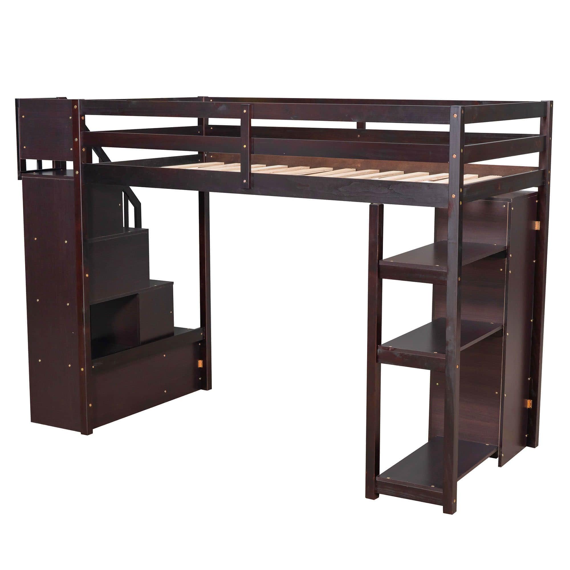 Twin Loft Bed with Stairs and Storage for Kids, Junior - [Wood, Drawers, Shelves]