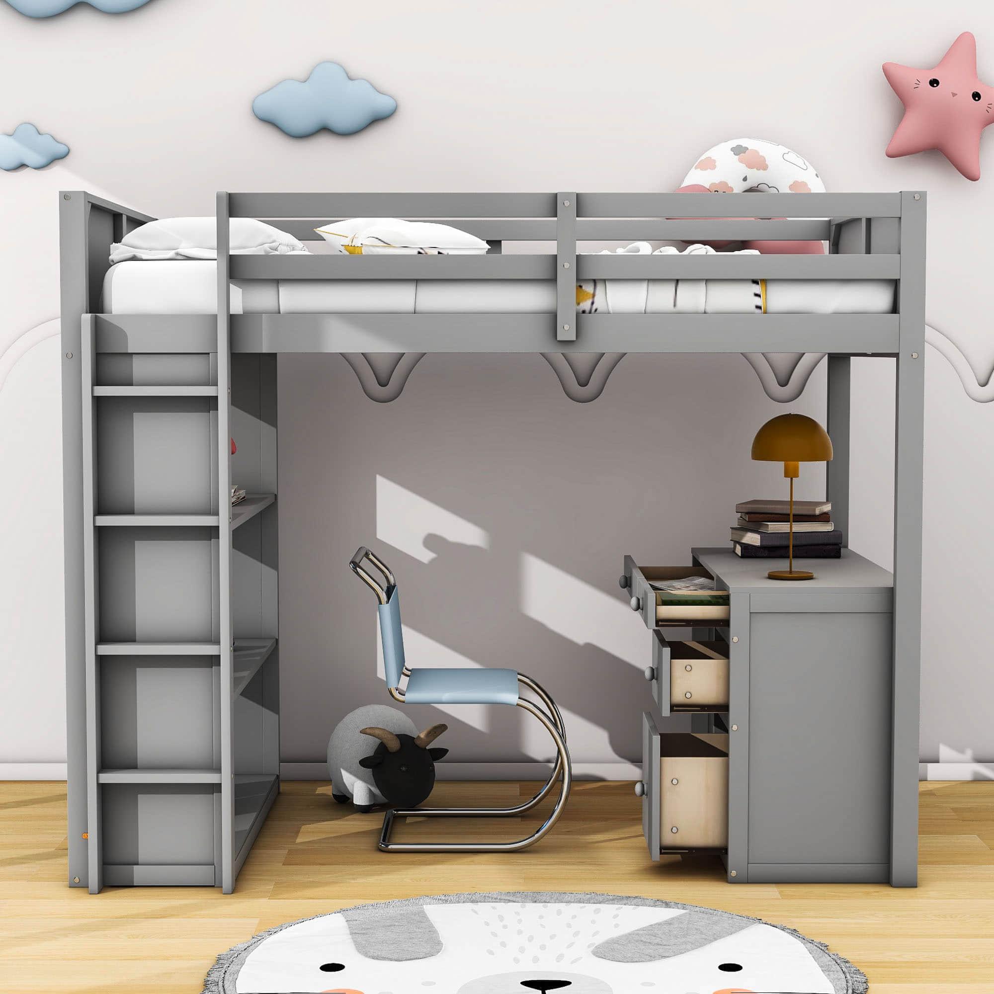 Twin Size Loft Bed with Desk and Storage Drawers, Shelves for Adults, Kids - [Wood]