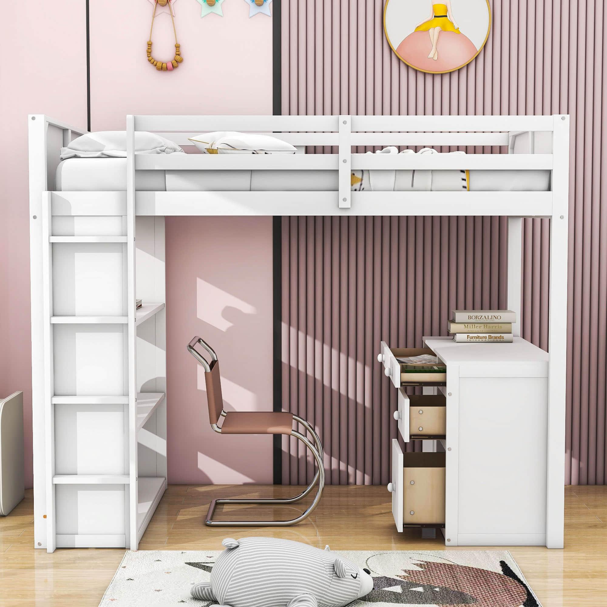 Twin Size Loft Bed with Desk and Storage Drawers, Shelves for Adults, Kids - [Wood]