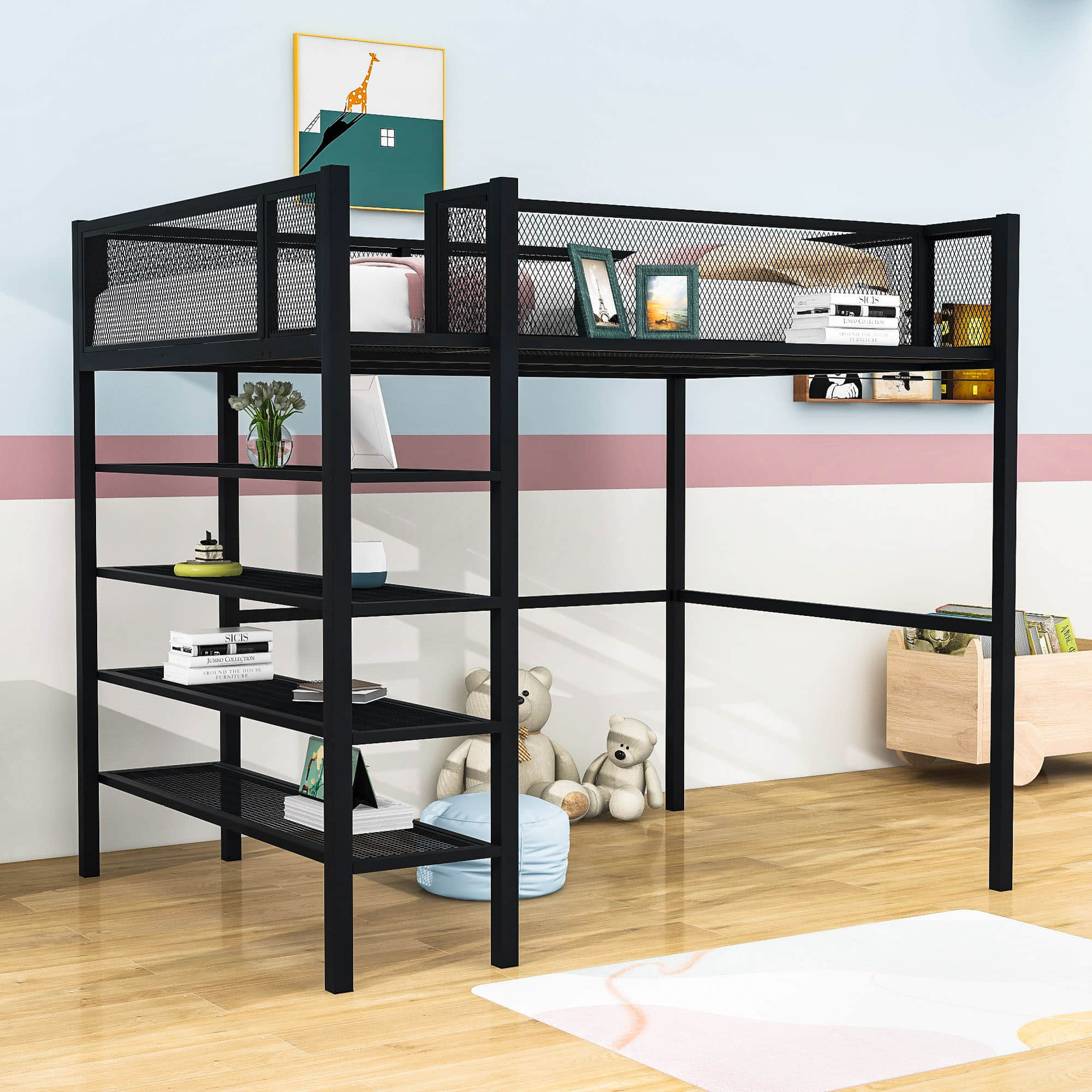 Sturdy Twin Metal Loft Bed Frame with Storage Shelves for Adults, Kids