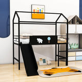 Low Metal Twin Playhouse Loft Bed with Slide, Chalkboard for Kids, Junior