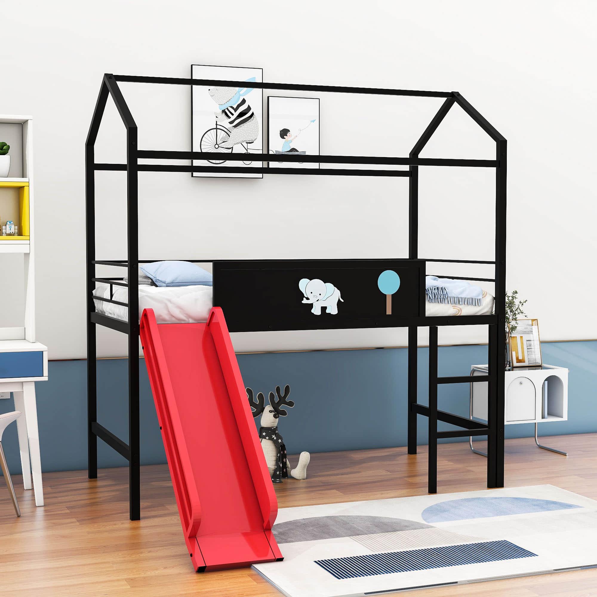 Low Metal Twin Playhouse Loft Bed with Slide, Chalkboard for Kids, Junior