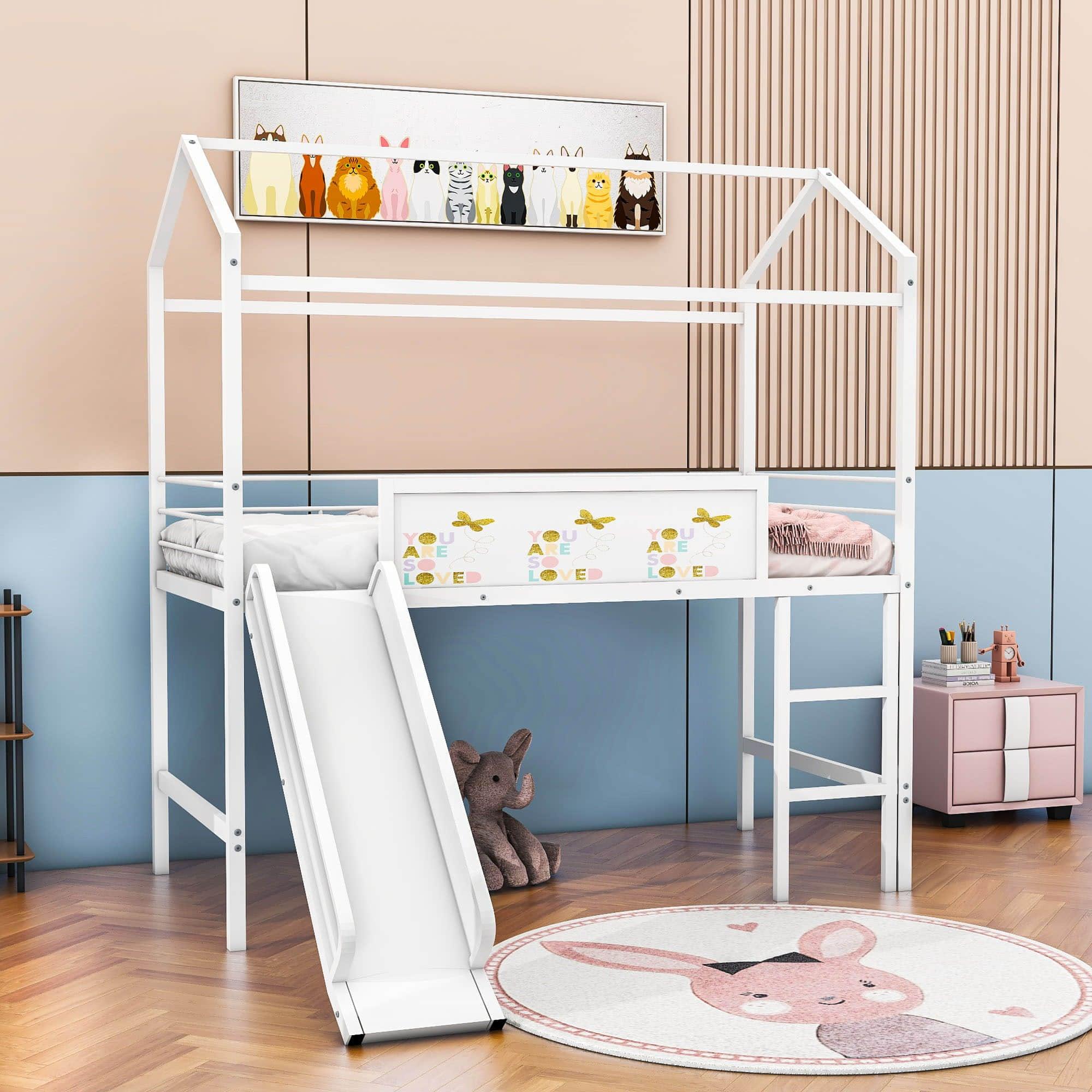 Low Metal Twin Playhouse Loft Bed with Slide, Chalkboard for Kids, Junior