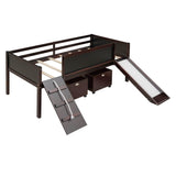 Low Kids Twin Loft Bed with Slide and Storage Boxes, Blackboard