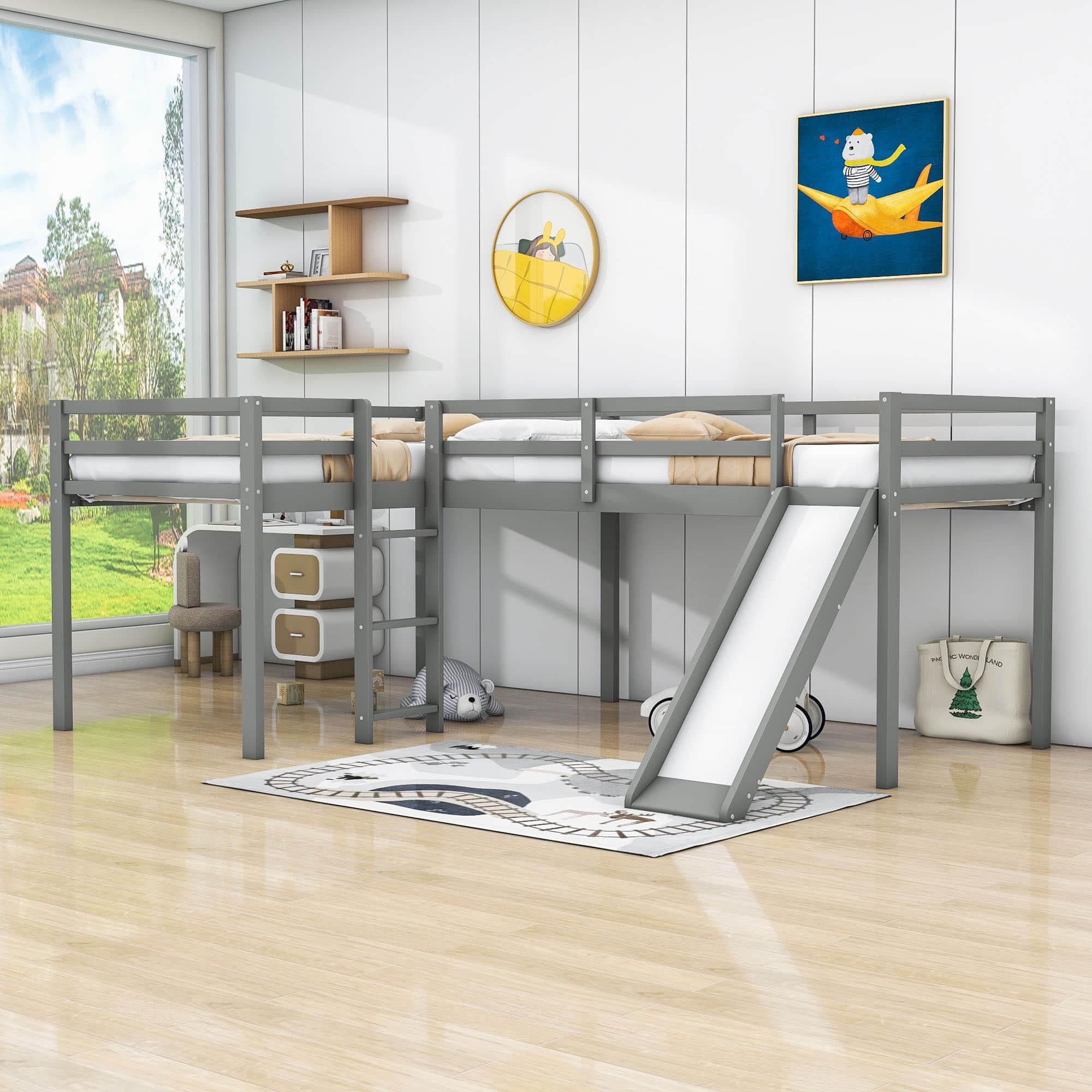 L-Shaped Low Double Twin Loft Bed with Slide for Kids - [Wood]