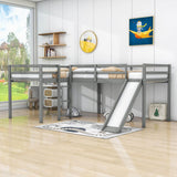 L-Shaped Low Double Twin Loft Bed with Slide for Kids - [Wood]