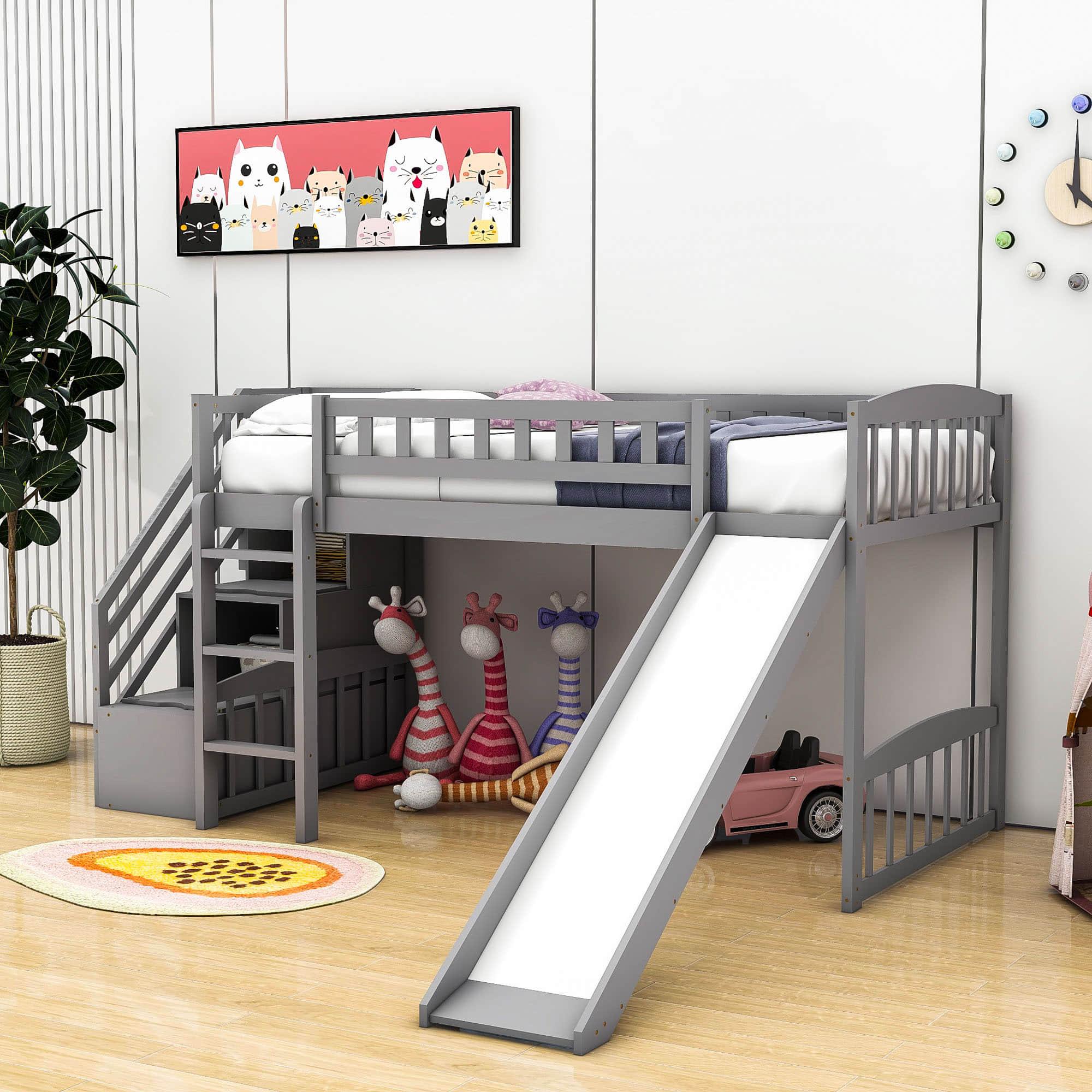 Low Twin Loft Bed with Storage Stairs and Slide - [Wood, Interchangeable]