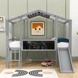 Twin House Low Loft Bed with Slide and Blackboard for Kids, Toddler - [Wood]