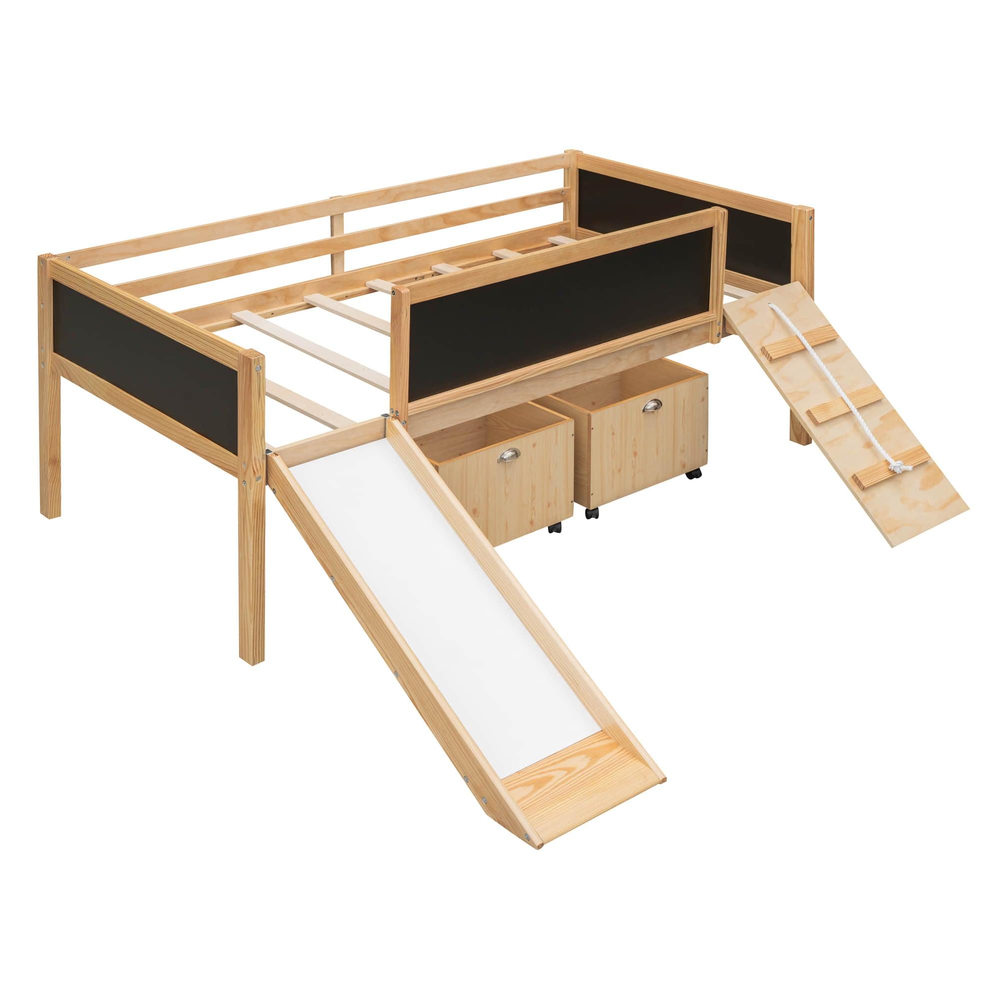 Low Kids Twin Loft Bed with Slide and Storage Boxes, Blackboard