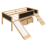 Low Kids Twin Loft Bed with Slide and Storage Boxes, Blackboard