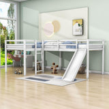 L-Shaped Low Double Twin Loft Bed with Slide for Kids - [Wood]