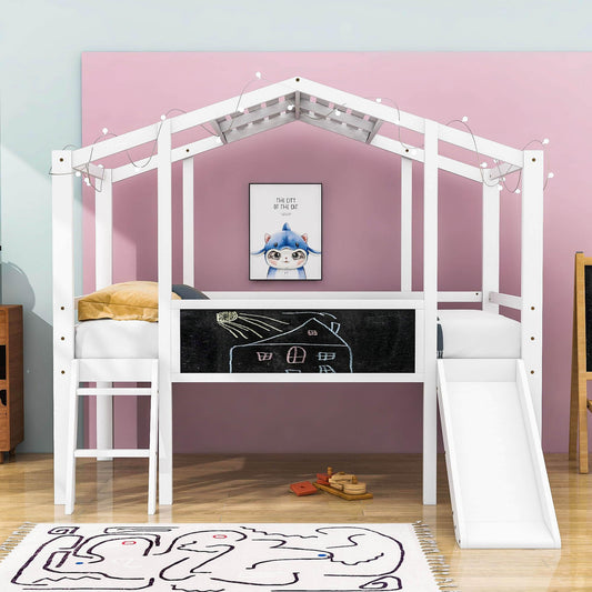 Twin House Low Loft Bed with Slide and Blackboard for Kids, Toddler - [Wood]