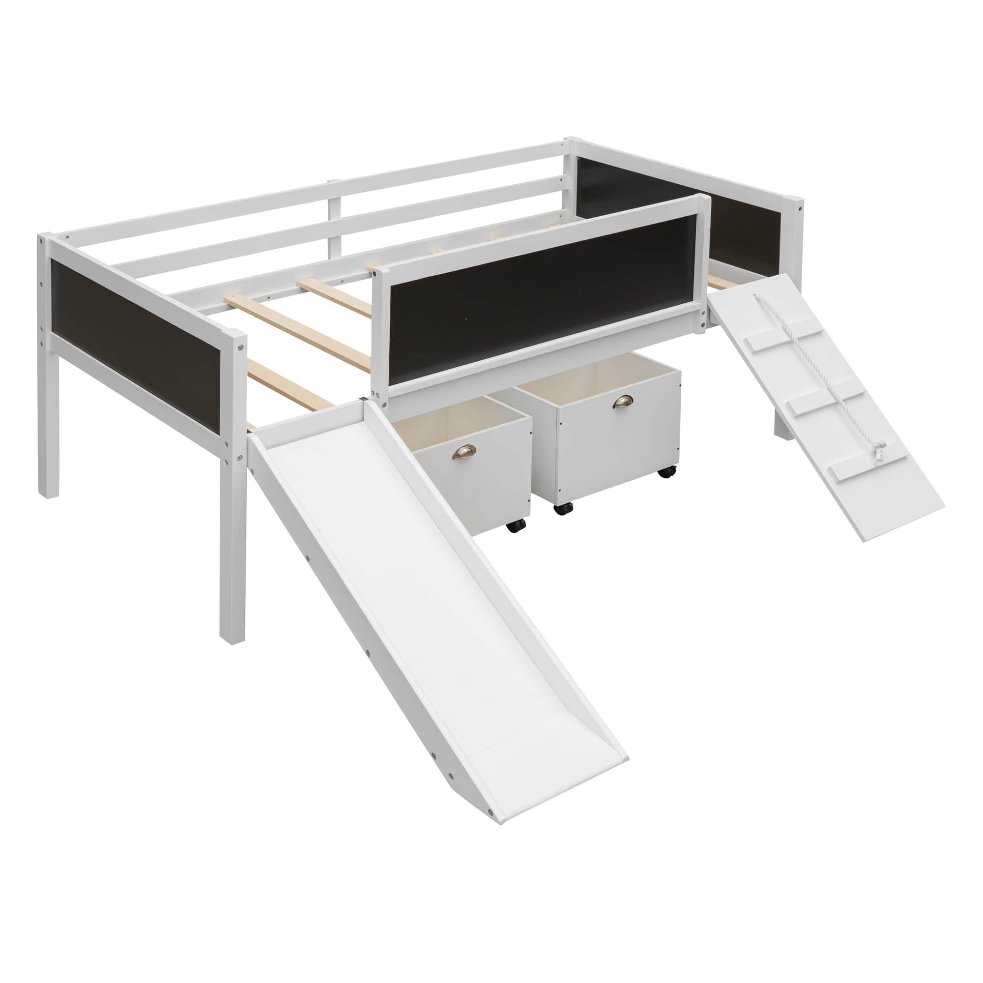 Low Kids Twin Loft Bed with Slide and Storage Boxes, Blackboard