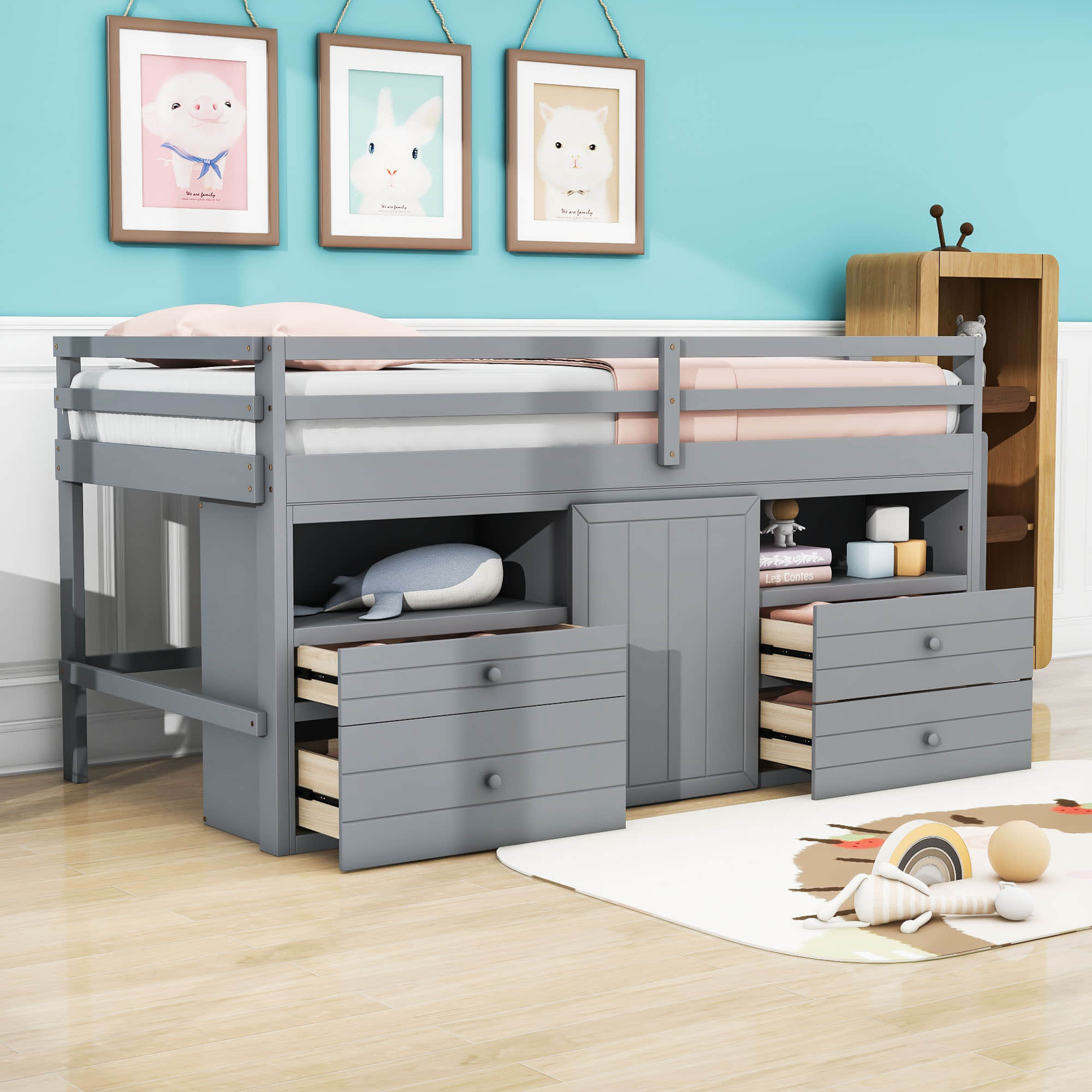 Low Twin Loft Bed Frame with Storage for Kids - [Drawers, Cabinet, Shelves]