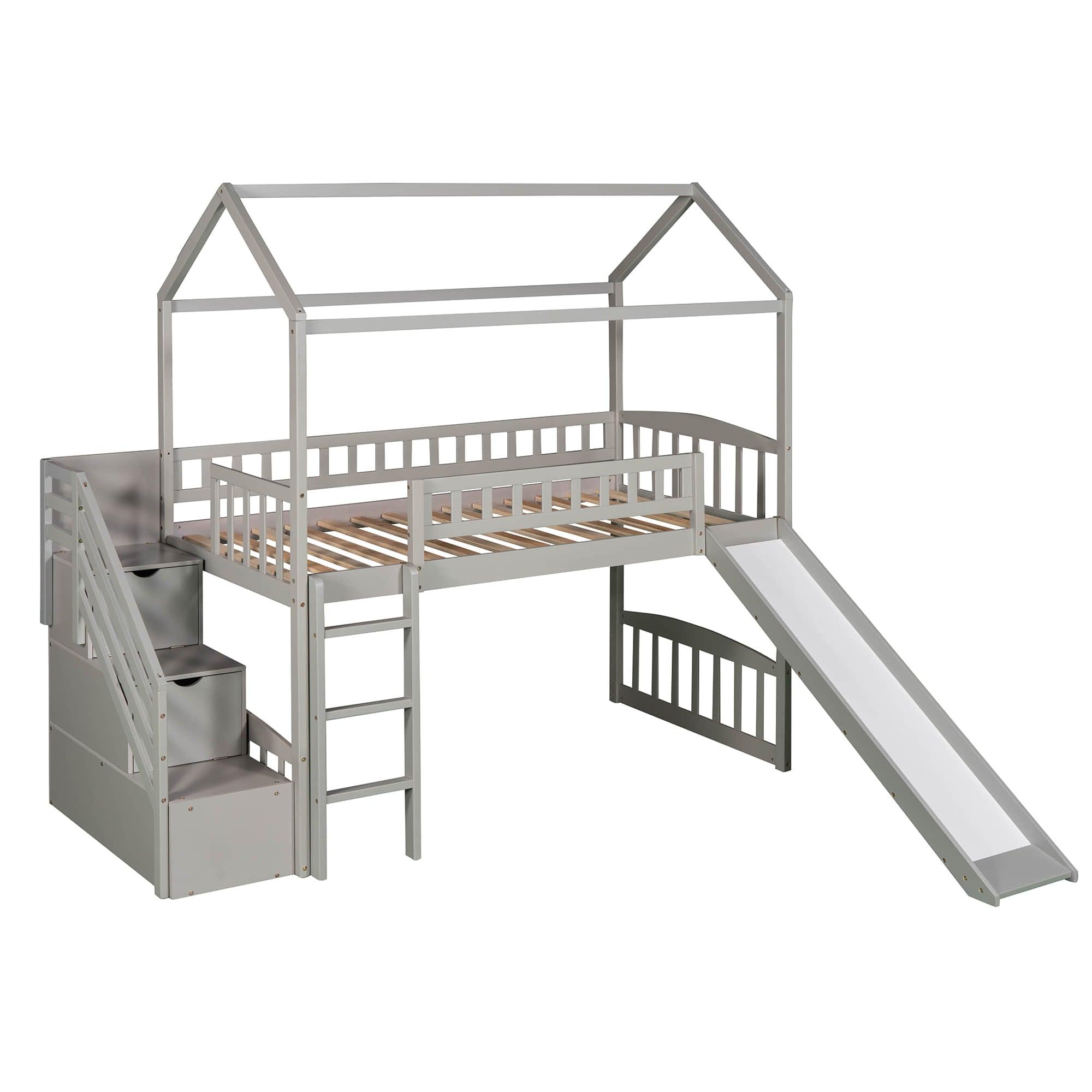 Kids Twin Playhouse Loft Bed with Storage Stairs and Slide - [Wood, Low]