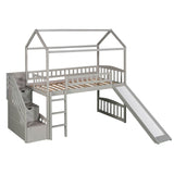 Kids Twin Playhouse Loft Bed with Storage Stairs and Slide - [Wood, Low]