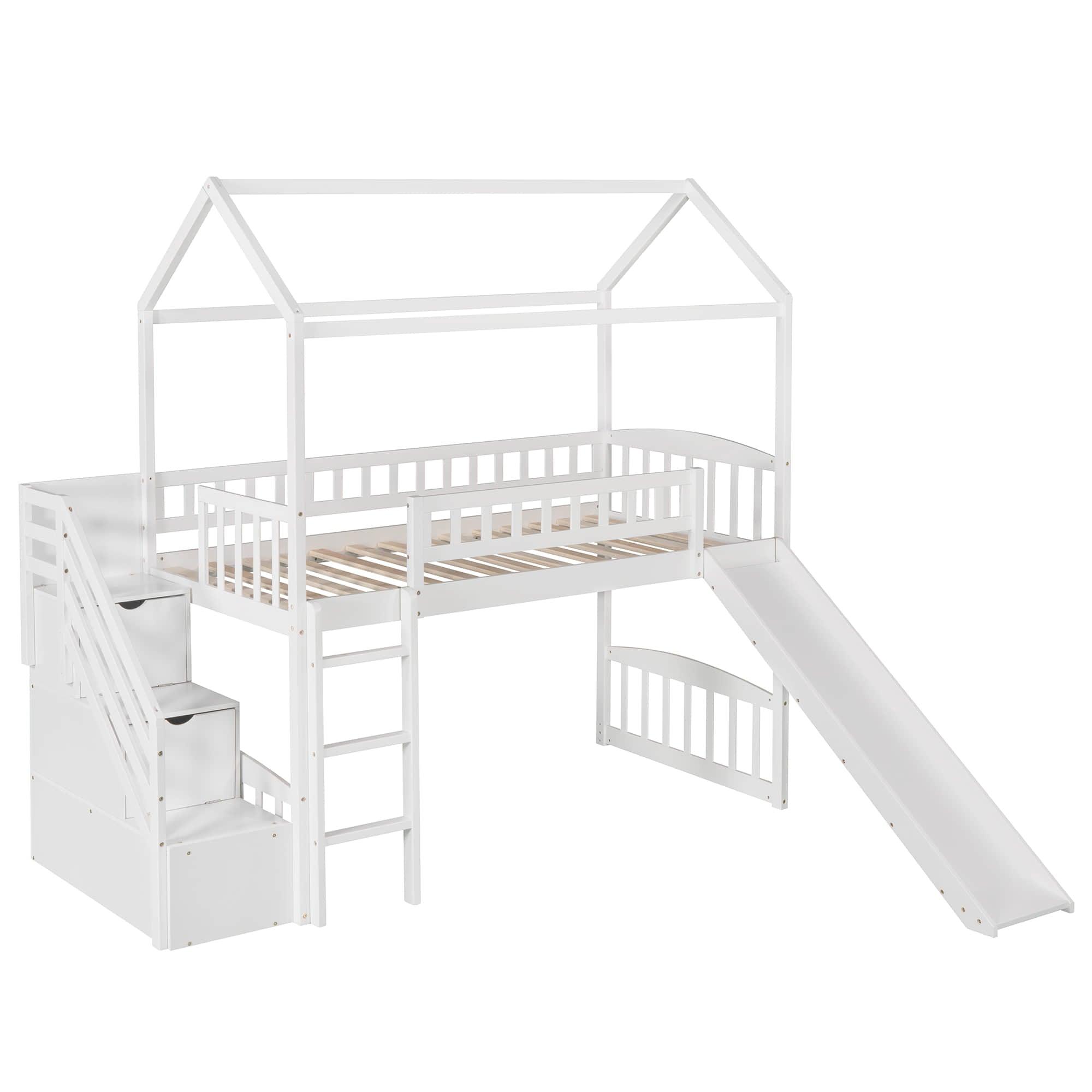 Kids Twin Playhouse Loft Bed with Storage Stairs and Slide - [Wood, Low]