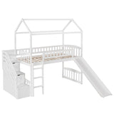 Kids Twin Playhouse Loft Bed with Storage Stairs and Slide - [Wood, Low]