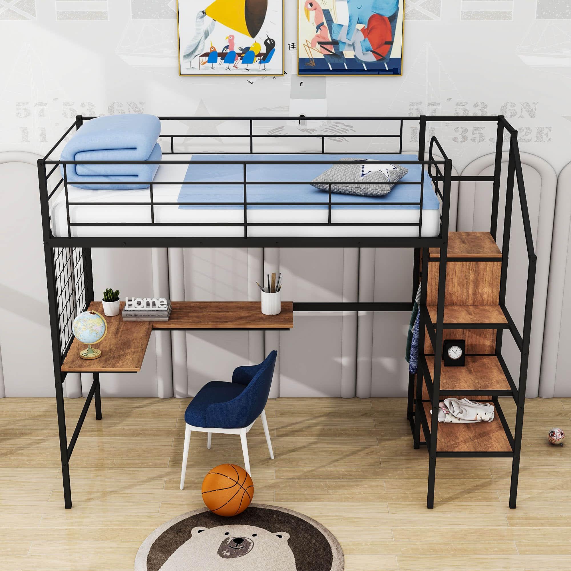 Twin Size Metal Loft Bed with Desk and Stairs, Storage Wardrobe