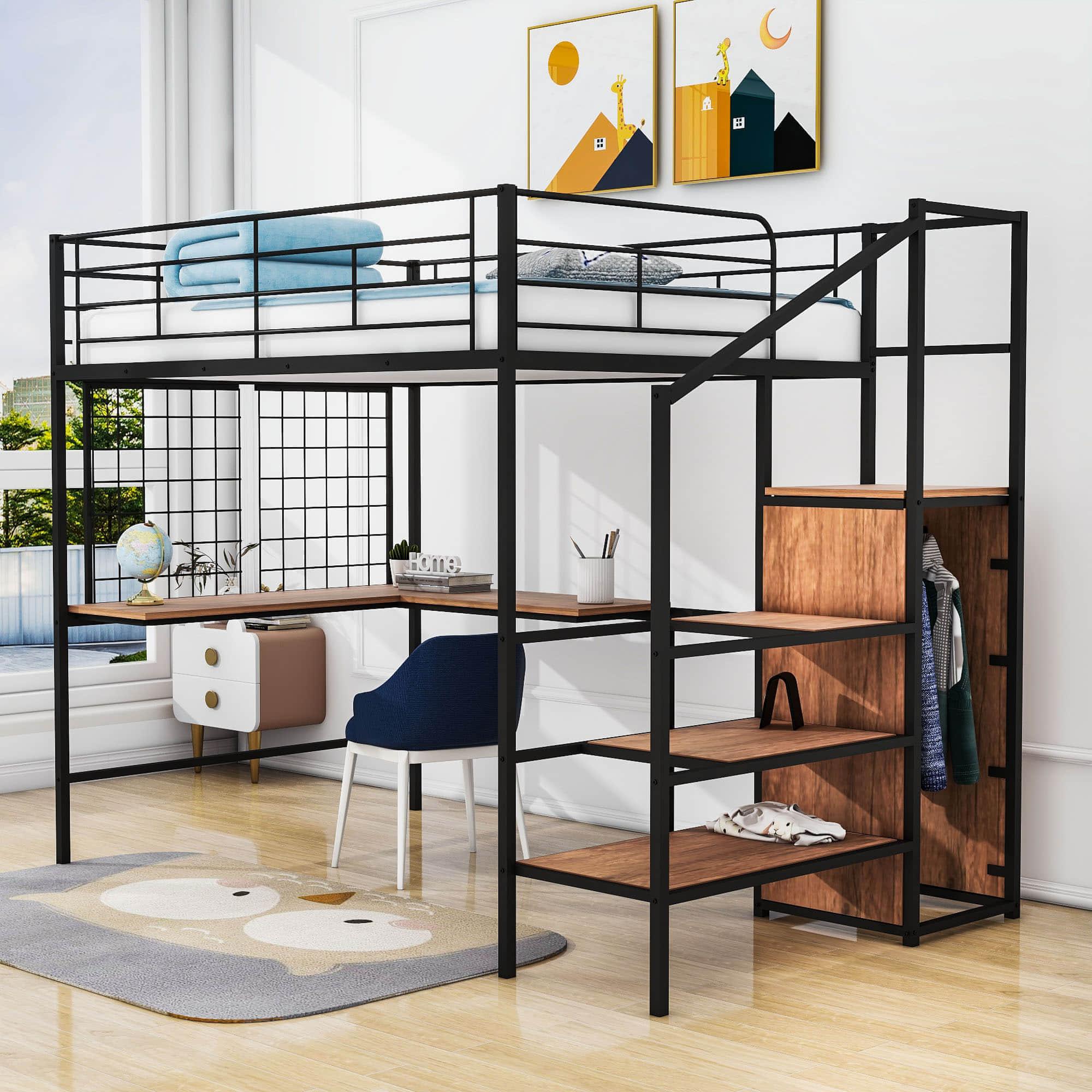 Full Size Metal Loft Bed with Desk and Stairs, Storage Wardrobe