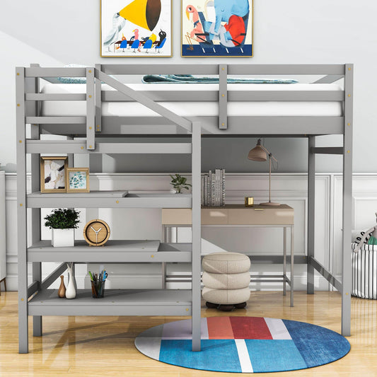 Full Size Loft Bed with Stairs and Clothes Hanger for Adults, Teens