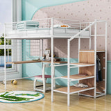 Full Size Metal Loft Bed with Desk and Stairs, Storage Wardrobe